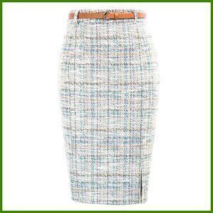 Tweed Pencil Skirt Knee Length High Waisted with Slit and Belt